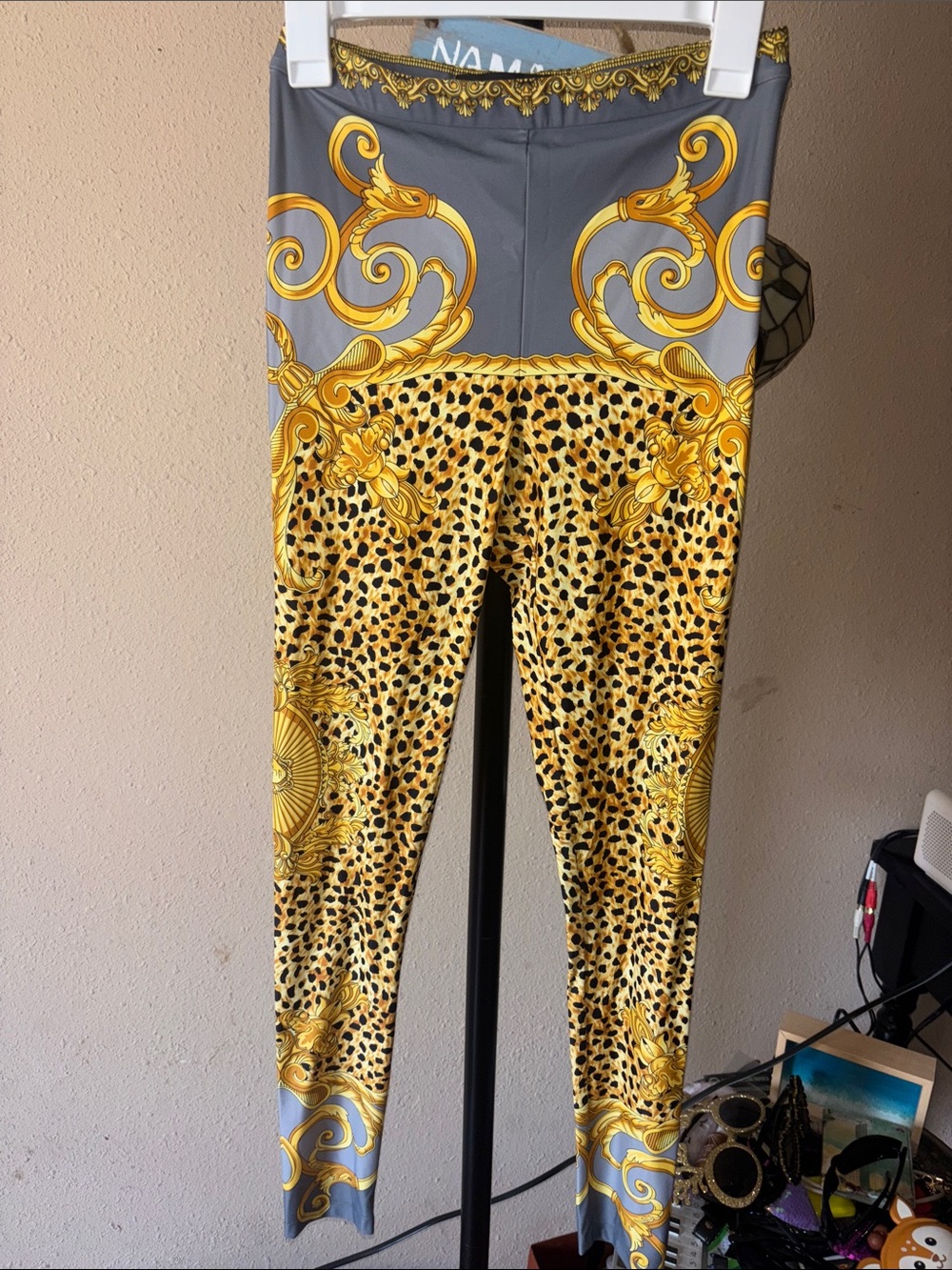 Versace Baroque & Leopard Print High-Waist Leggings in Yellow and Gray